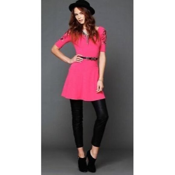 Free People Embroidered Garden Sleeve Black Fit & Flare Skater Mini Dress - Picture 14 of 16